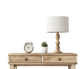 Wooden table with lamp, alarm clock, and plant isolated on transparent background