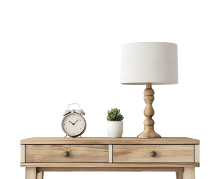 Wooden table with lamp, alarm clock, and plant isolated on transparent background