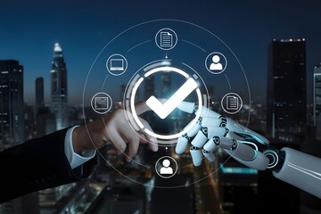 Human and Robot Hands Touching Virtual Checkmark Representing Automation Artificial Intelligence and Future Technology in Business and Workflow Management