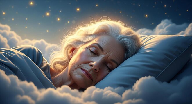 Timeless Peace: An Elderly Woman's Serene Rest Among the Stars and Clouds.