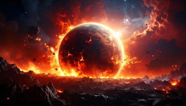 Fiery planet, apocalyptic landscape