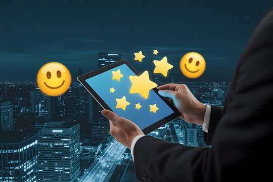 Business professional holding a tablet with star icons and smiley face emojis against a city skyline at night representing positive feedback and customer