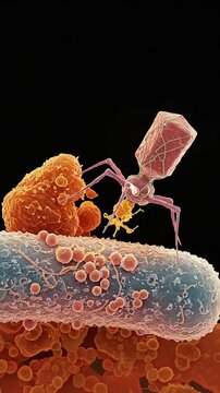 Virus attacking bacteria under microscope view