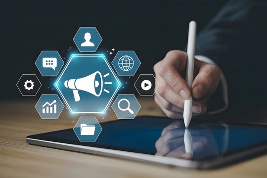 Digital marketing strategy and communication concept using tablet businessman using digital pen to create content social media search engine optimization email marketing and