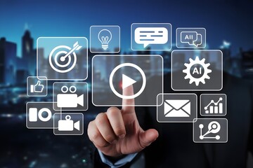 Businessman Interacting with Digital Marketing Icons on a Touchscreen Display Representing Modern Business Strategy and Technology Integration in the Digital Age