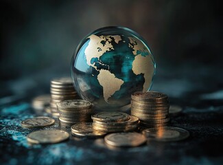 Glass globe on a stack of gold coins, representing global finance and economy.