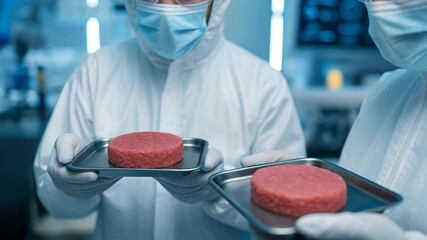 Two scientists in protective suits evaluating lab-grown burger patties on trays in futuristic protein lab. Concept of alternative meat production, biotechnology, and sustainable food innovation.