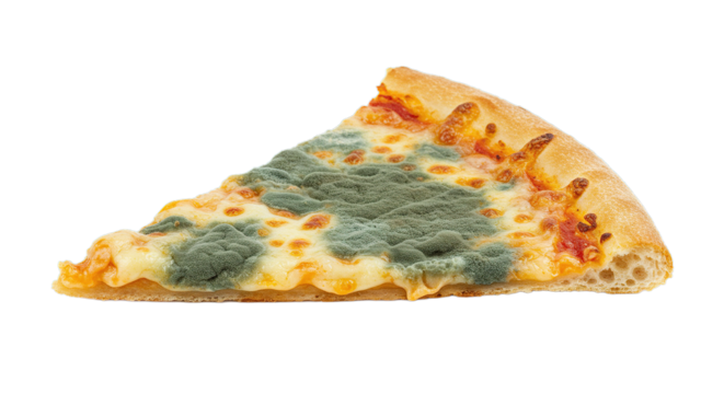 A single slice of pizza covered extensively with green mold and a crusty edge isolated on a plane