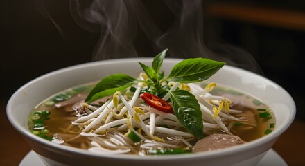 A steaming hot bowl of traditional Vietnamese Pho soup garnished with fresh basil, bean sprouts, and red chili.