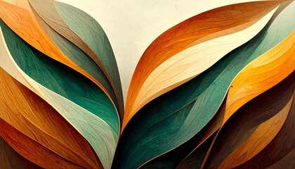 Abstract digital artwork of colorful, layered, organic shapes resembling leaves or petals