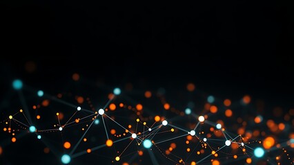 Glowing nodes form abstract data visualization on dark background, conveying futuristic technology concept.