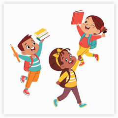 Four Happy Children Standing on Green Hill with Yellow School Bus and Small Red Schoolhouse Illustration