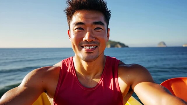 Joyful kayaking adventure on ocean with smiling man enjoying sunny day