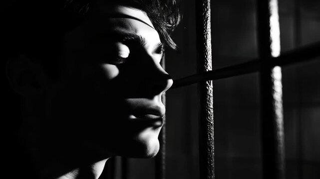 A young individual reflects while looking through bars in a dimly lit setting, conveying a deep sense of contemplation and solitude