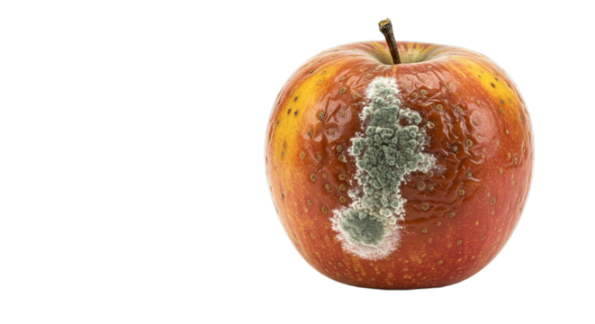 Close up of a decaying apple with visible mold growth and stem on a plain dark colored surface