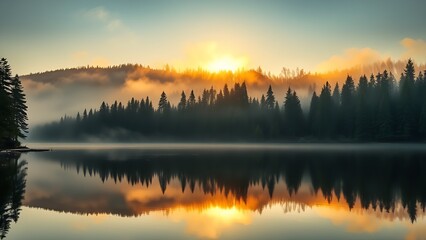Naklejka premium Tranquil forest scene mirrored in a peaceful lake, bathed in warm morning light with gentle mist.