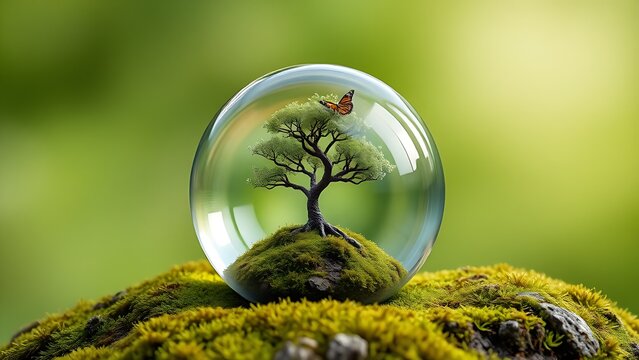 A crystal globe holds a tiny tree on moss, with a butterfly in flight against a soft green backdrop.