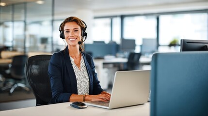 Woman with Headset Using Laptop in Office Environment