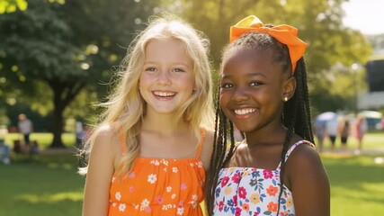 Two young girls smiling in a park on a sunny day - Powered by Adobe