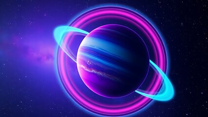 Obraz premium A colorful planet with glowing rings floating in deep space, evoking cosmic wonder and mystery.