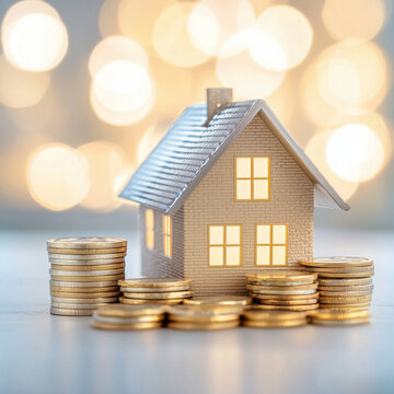 Model house surrounded by stacks of coins symbolizes financial investment and savings. warm bokeh background adds sense of optimism
