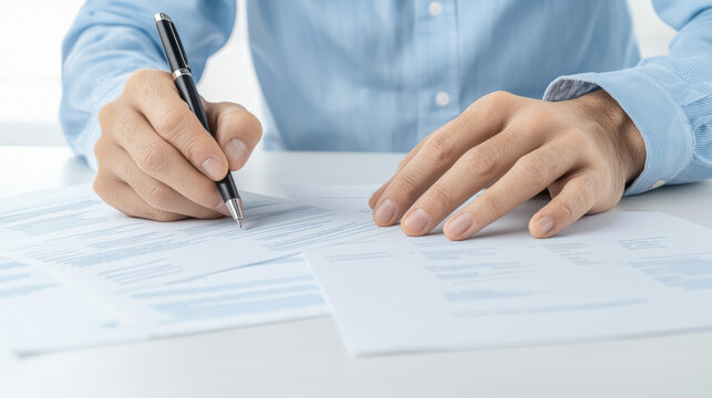 Businessman reviewing unpaid invoices with pen, focused on paperwork and financial documents, showcasing attention to detail and organization