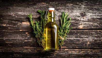 Golden herb-infused olive oil in a glass bottle with fresh rosemary and thyme on a dark rustic wooden background