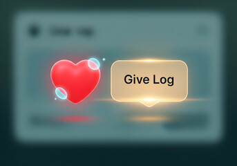 Interactive digital interface with a glowing heart and a "Give Log" button, symbolizing social media engagement, online charity, or positive feedback, a conceptual 3D render.