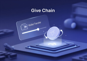 A digital representation of a "Give Chain" with a floating cryptocurrency coin and a "Wallet Transfer" interface, symbolizing secure blockchain transactions and financial technology.