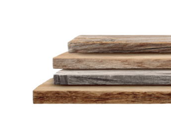 Stacked wood planks in varying tones.  A light beige, medium tan, and a muted gray wood layers create a visual display