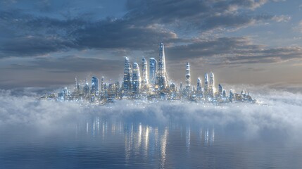 Obraz premium A futuristic city, gleaming with lights, rests on a cloud-covered island above calm waters.