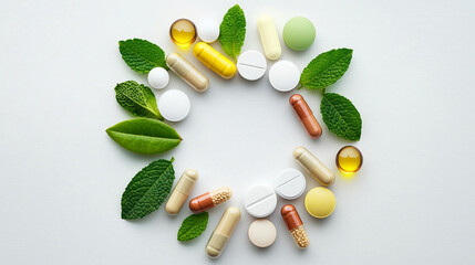 Integrative health flat lay featuring various supplements, vitamins, and fresh green leaves arranged circular pattern, promoting wellness