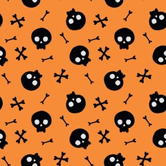 Seamless Halloween pattern with black skulls and bones on orange background, ideal for spooky decorations, fabric, wrapping paper, and festive digital design.
