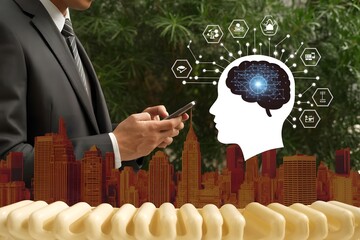 Businessman using a smartphone with an AI brain graphic overlayed representing artificial intelligence machine learning and the future of technology in an urban