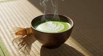 Steaming matcha tea in a rustic wooden bowl with latte art, sitting on a tatami mat with a bamboo whisk.