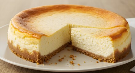 A delicious baked cheesecake with a golden brown top and graham cracker crust, presented on a white plate with one slice cut out.