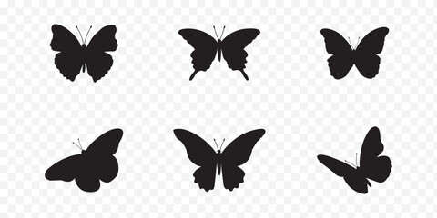Flying butterflies silhouette black set . Set of butterfly in flight silhouettes. Set of butterflies. Butterfly silhouette icons set. Butterfly tattoo silhouettes. eps 10 
