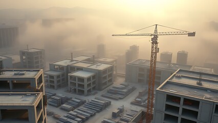 Fototapeta premium Aerial view of a construction site with concrete structures and distant crane in morning mist.