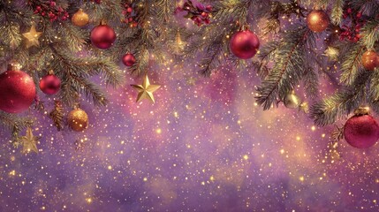 Holiday decoration with fir greenery, red ornaments, and golden stars on luxury purple bokeh background