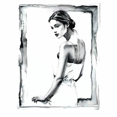 beautiful woman in picture frame black and white watercolor vector illustration