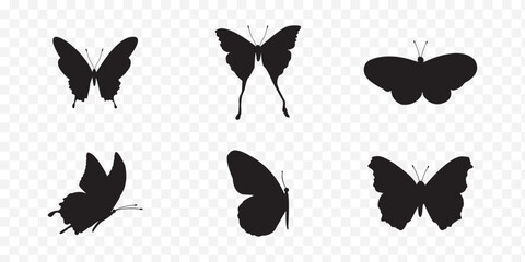Flying butterflies silhouette black set . Set of butterfly in flight silhouettes. Set of butterflies. Butterfly silhouette icons set. Butterfly tattoo silhouettes. eps 10 