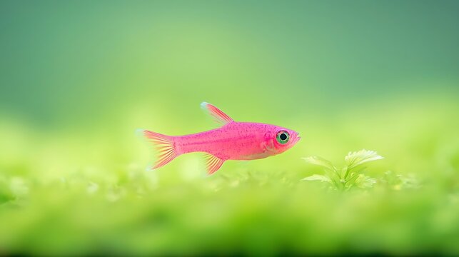 Vibrant pink glofish swimming in lush green aquarium plants
