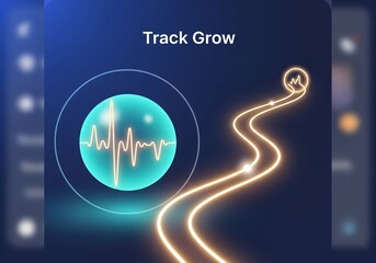 Mobile app interface for tracking growth and performance, featuring a glowing path and sound wave, symbolising progress and data visualisation, a 3D render.