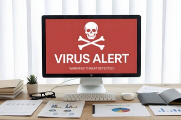 Computer screen displaying a virus alert with skull and crossbones warning of a threat detected on a desk with office supplies and charts