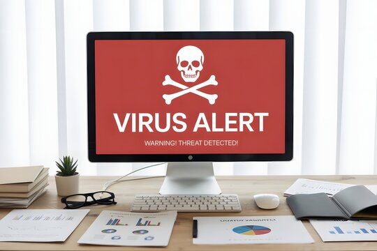 Computer screen displaying a virus alert with skull and crossbones warning of a threat detected on a desk with office supplies and charts