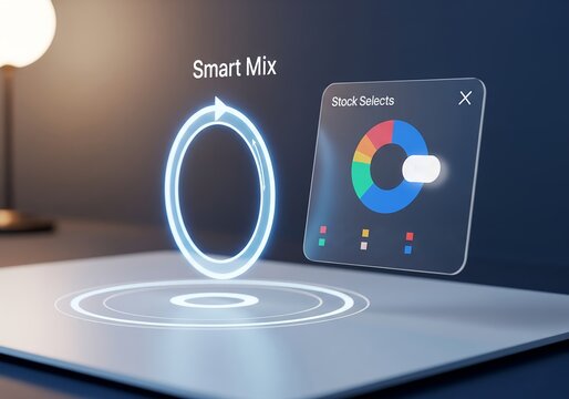 Smart Mix interface for stock selection and portfolio management, with data analysis and a circular chart, representing financial technology, a conceptual 3D render.