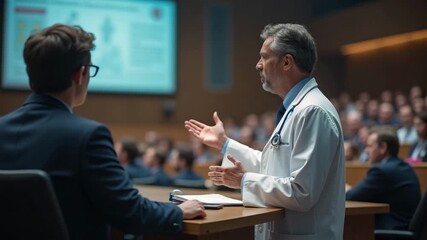 Senior male doctor with a serious look discussing a topic during a medical conference in a large auditorium