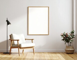 Mid-century Modern Armchair, Frame Mockup, Blank Canvas, and Natural Light in Minimalist Interior