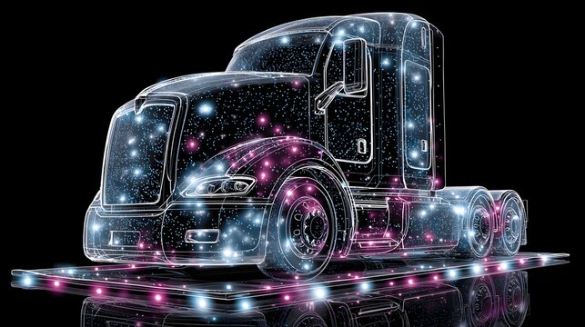 A futuristic, interconnected truck design, rendered in a transparent, glowing network of light and points, is shown on a dark background.