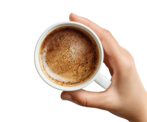 Enjoying a warm cup of coffee for a cozy morning routine on a transparent background, cut out